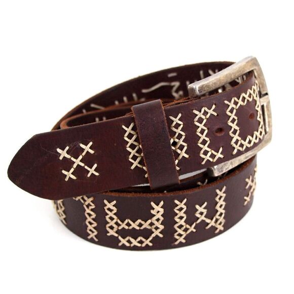 EMBROIDERED BROWN GENUINE LEATHER 1 3/8"Wd CASUAL DRESS MEN'S BELT Sz 38 (X33 - Picture 6 of 13